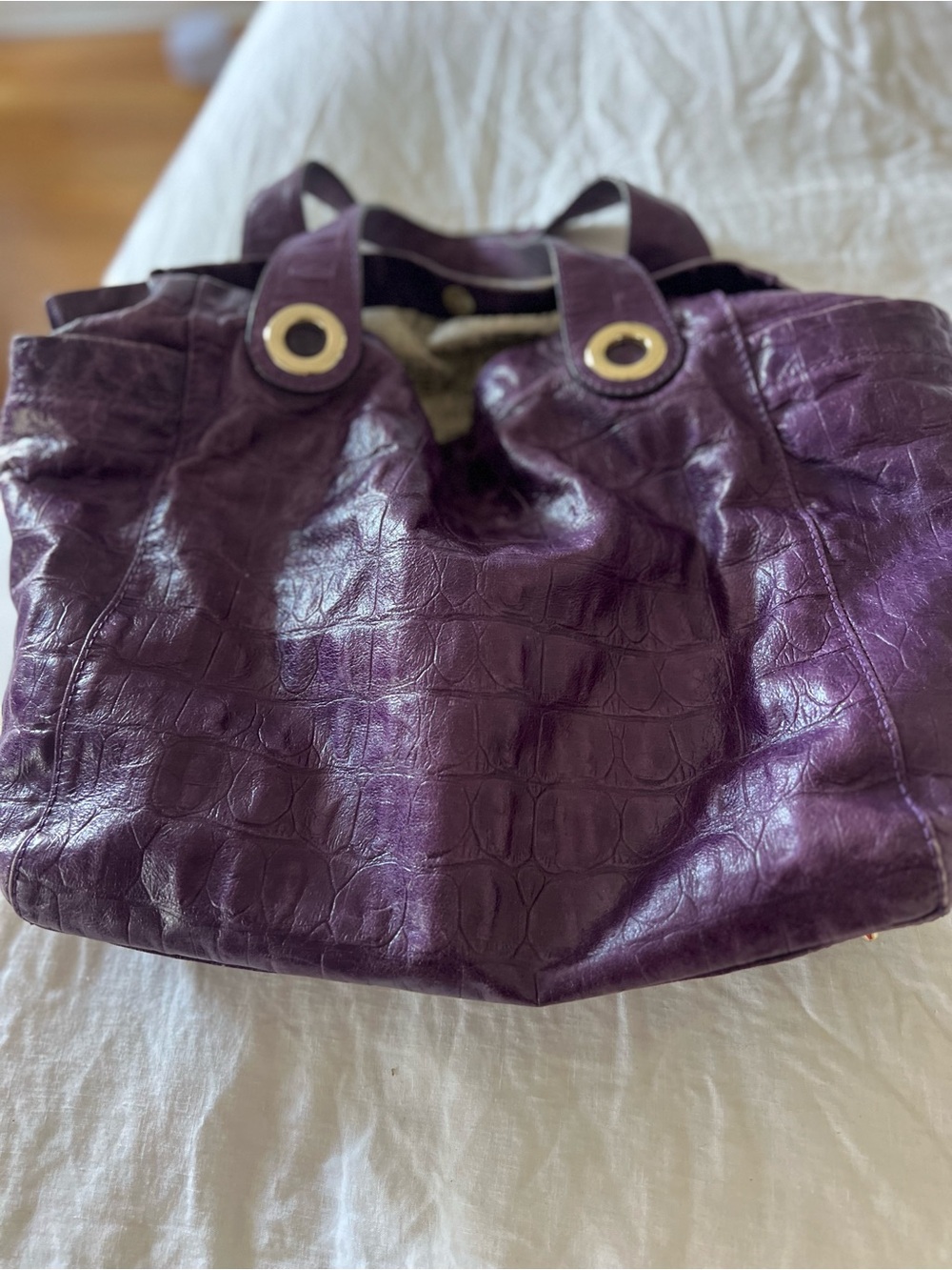 Ice Purple Croc-Embossed Shoulder Tote with Gold Grommets